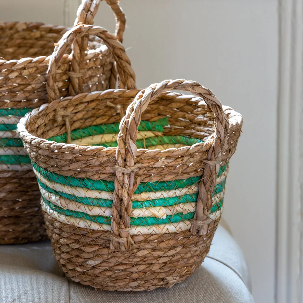 Set of Three Round Straw & Corn Baskets - Green Stripe