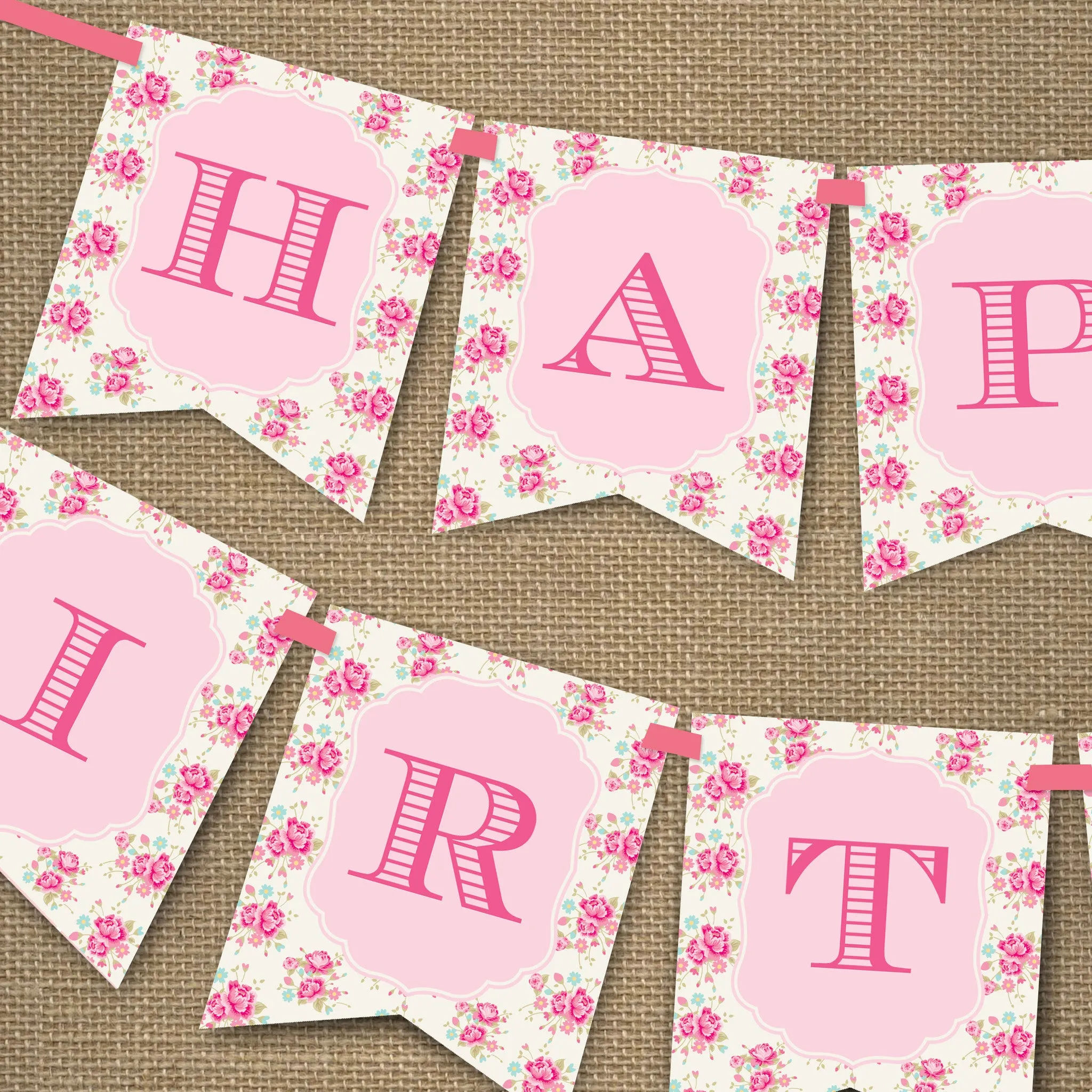 Shabby Chic Floral Happy Birthday Banner