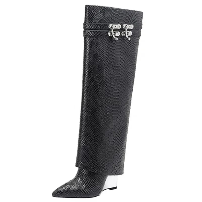 Snakeskin Chic Leather Knee-High Winter Boots