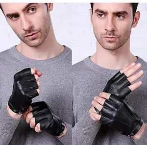 Sport Half Finger Black PU Faux Driving Gloves