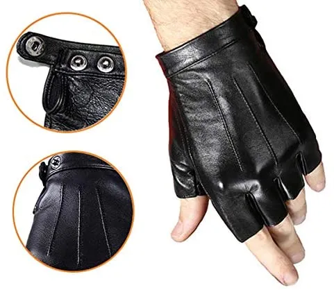 Sport Half Finger Black PU Faux Driving Gloves