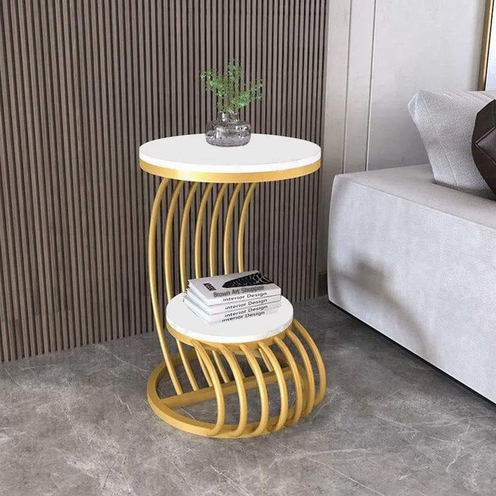 VANIYA CRAFTS® Modern Design Round Wrought Iron End Table Side Table Bedside table Centre table Coffee table for Living Room Bedroom Home Decor (Golden & White)