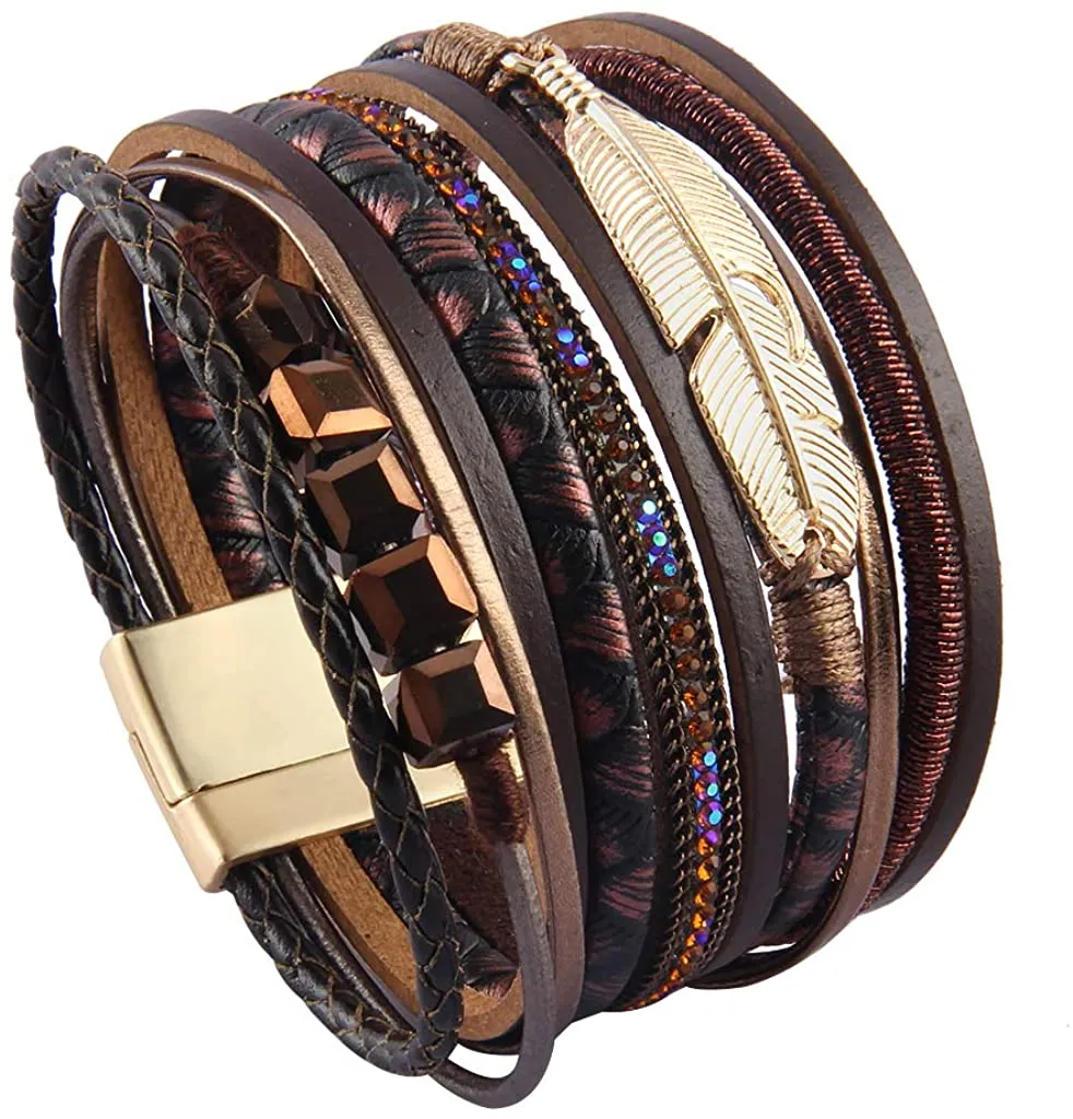 Women Leather Wrap Bracelet Multi Layer Wristband Feather Magnetic Closure