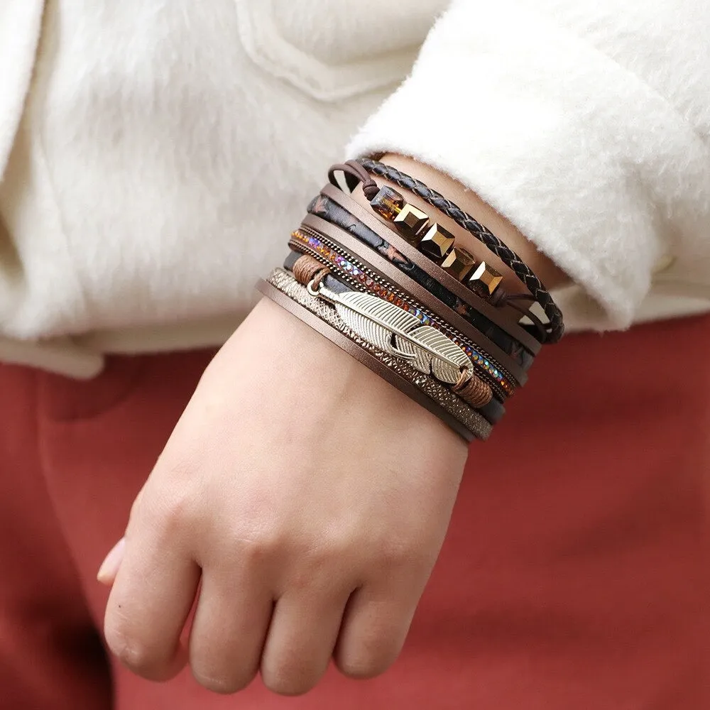 Women Leather Wrap Bracelet Multi Layer Wristband Feather Magnetic Closure